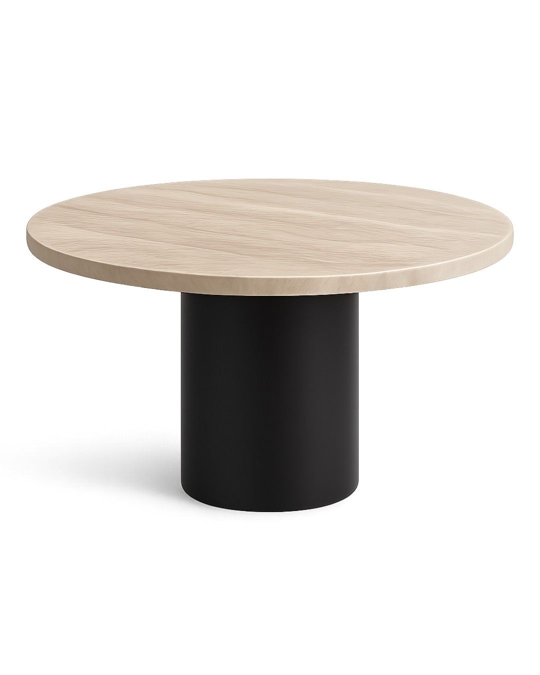 Hero image showing Catalina Dining Table with matte travertine round top and black steel cylindrical base