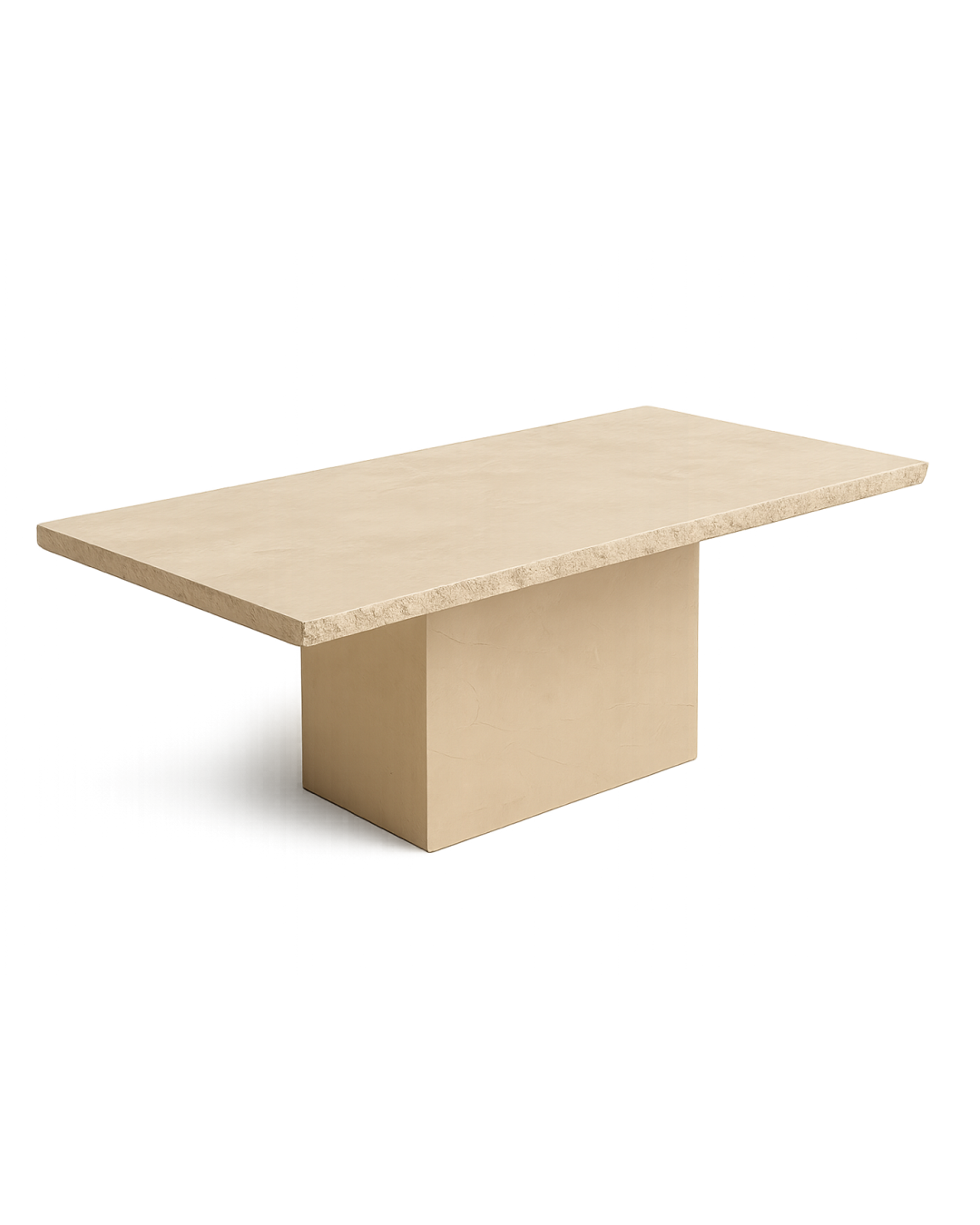 Side-top perspective of Enzo Dining Table showing Crema Marfil marble with chipped edge and rectangular base