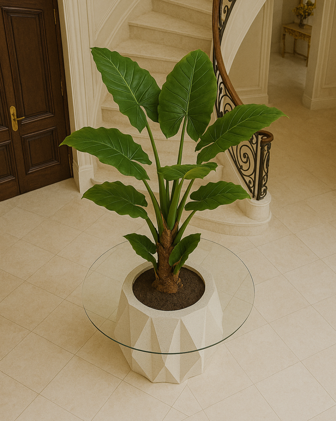 Overhead view showcasing the clear glass and centered plant