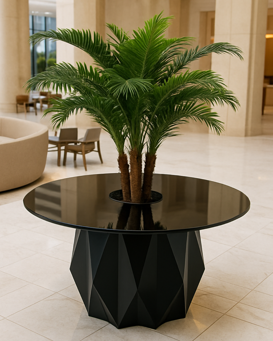 Overhead view showcasing the black tinted glass and centered palm