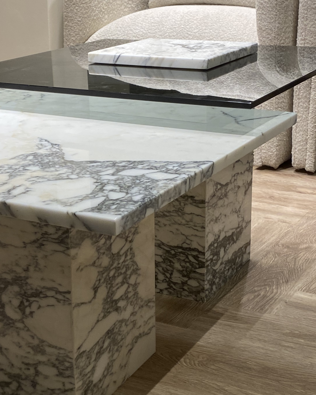Close-up of Arabescato marble veining and dull gold streaks
