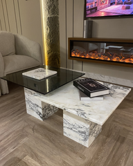 Front view of Greta Coffee Table set showing marble and glass arrangement