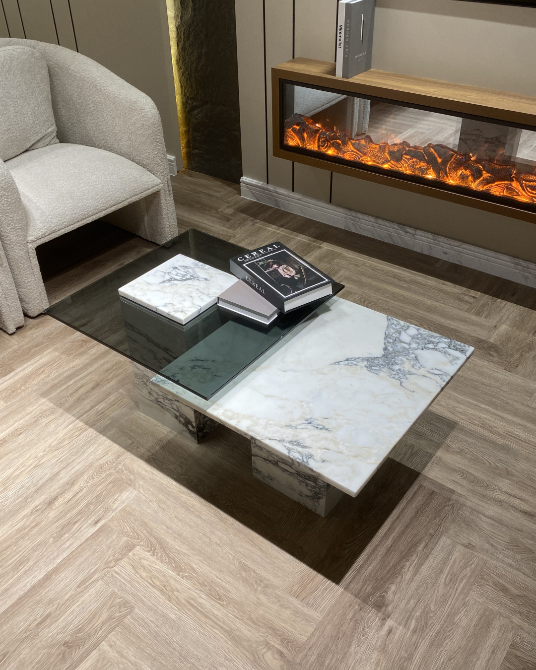 Top view showcasing square tops and fixed marble insert