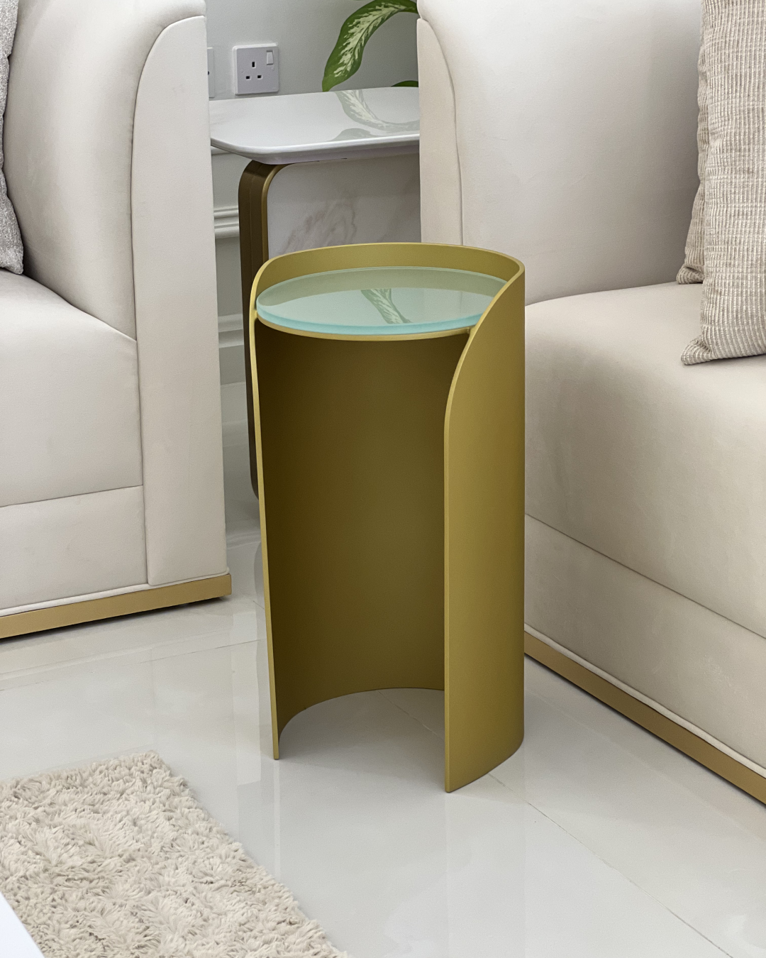 Full angled view of Lucente serving table showing modern design from distance