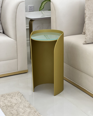 Full angled view of Lucente serving table showing modern design from distance
