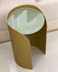Angled view of Lucente serving table showing minimalist and modern design