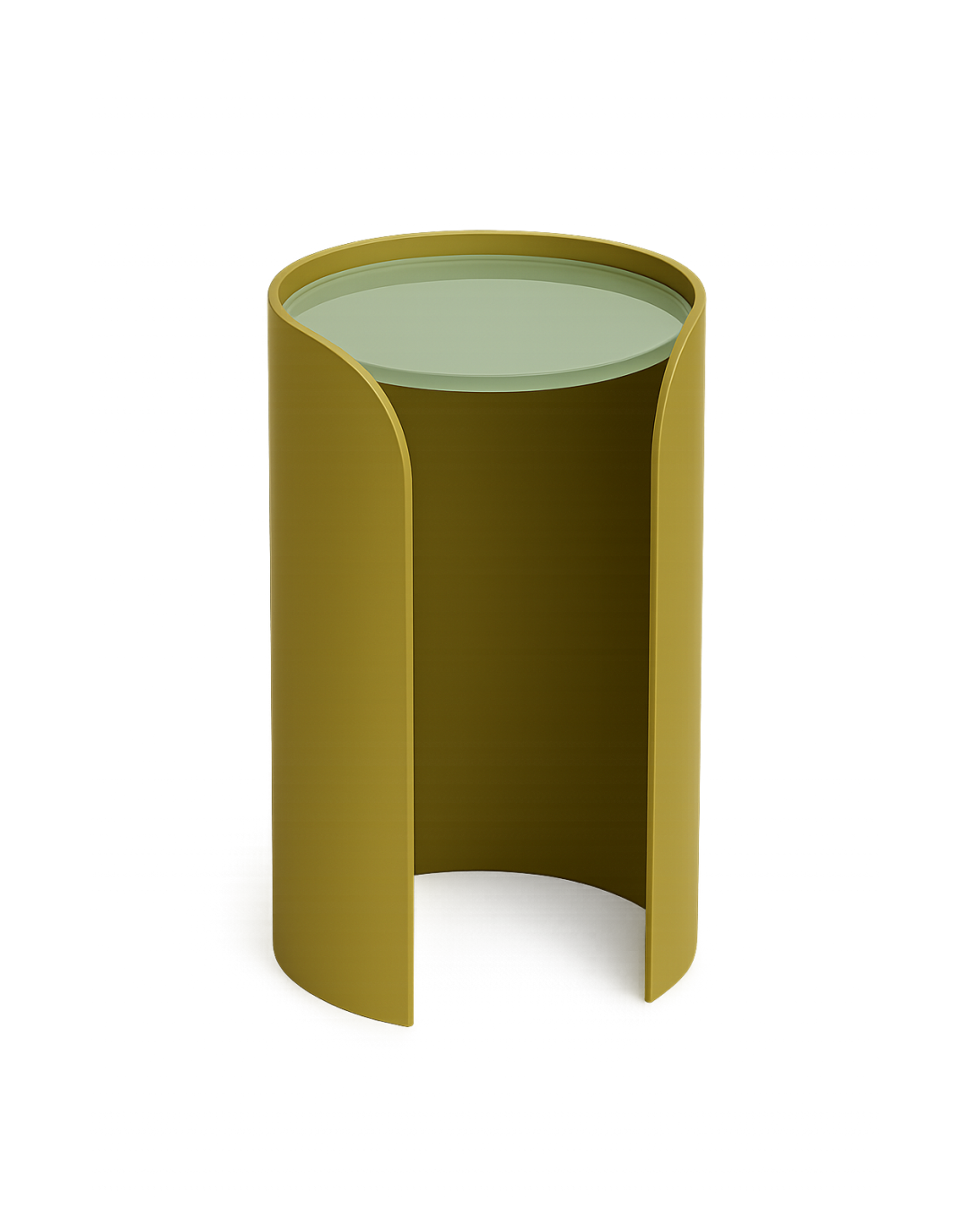 Lucente Serving Table with mustard-gold aluminum base and frosted glass top on transparent background with soft shadows