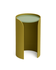 Lucente Serving Table with mustard-gold aluminum base and frosted glass top on transparent background with soft shadows