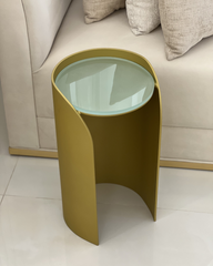 Full view of Lucente serving table showing minimalist design