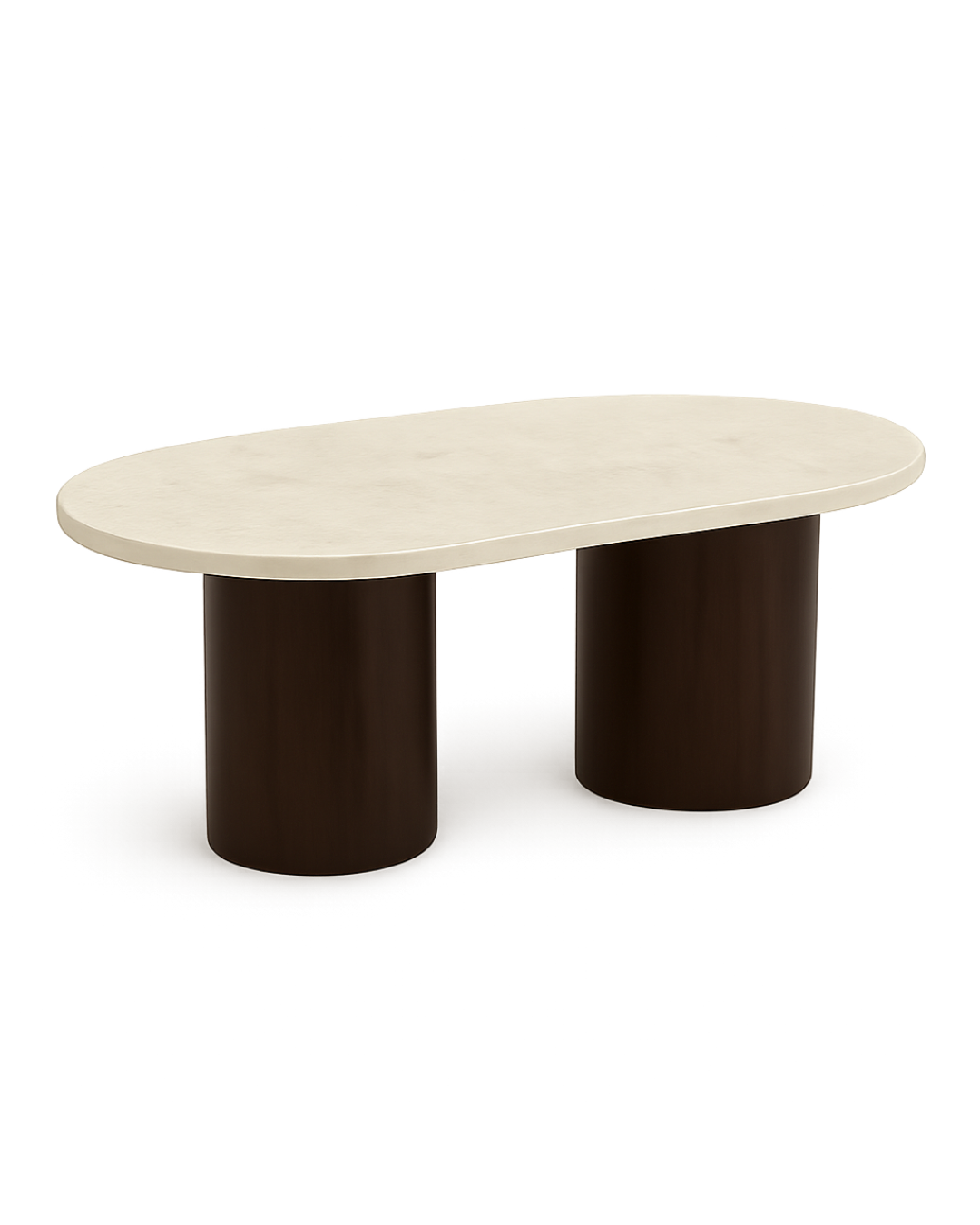 Luna Coffee Table featuring a capsule-shaped Botticino marble top and cylindrical wooden base in glossy chocolate brown finish on transparent background with soft shadows