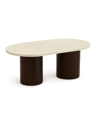 Luna Coffee Table featuring a capsule-shaped Botticino marble top and cylindrical wooden base in glossy chocolate brown finish on transparent background with soft shadows