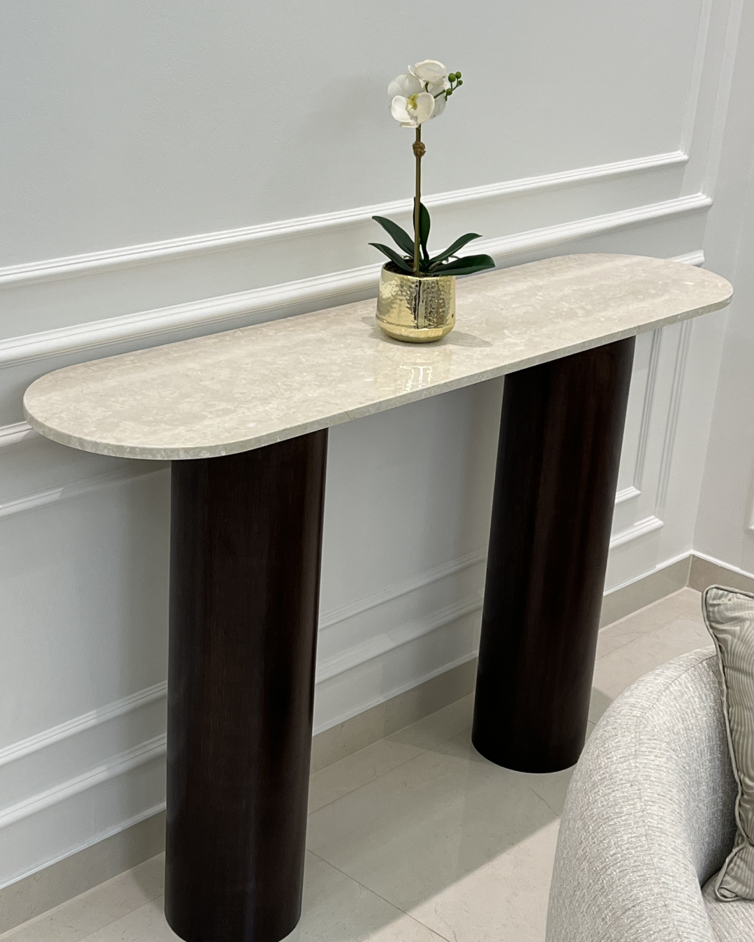 Full view of Luna Console Table with marble top and wood bases