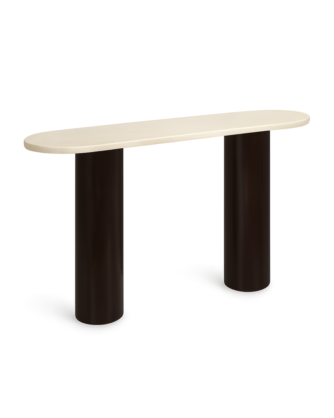 Luna Console Table with capsule-shaped Botticino marble top and two cylindrical dark walnut wood bases on transparent background with soft shadows