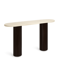 Luna Console Table with capsule-shaped Botticino marble top and two cylindrical dark walnut wood bases on transparent background with soft shadows