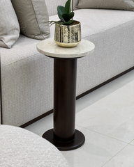 Side view showing compact scale and single wood base