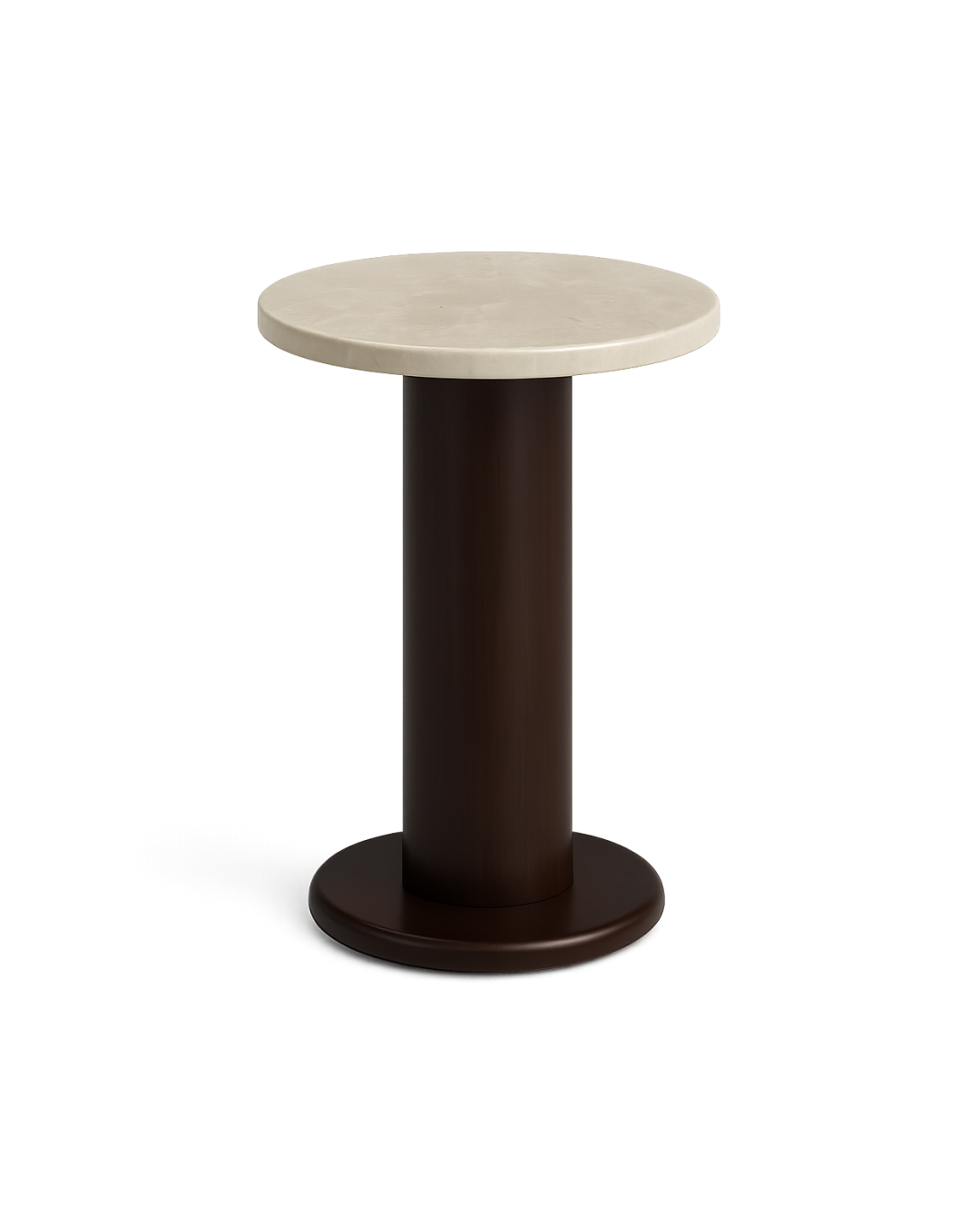 Luna Serving Table with round Botticino marble top and dark walnut cylindrical wood base on circular bottom plate, shown on transparent background with soft shadows