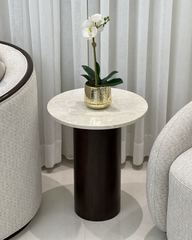 Luna Side Table full view with marble top and wooden base