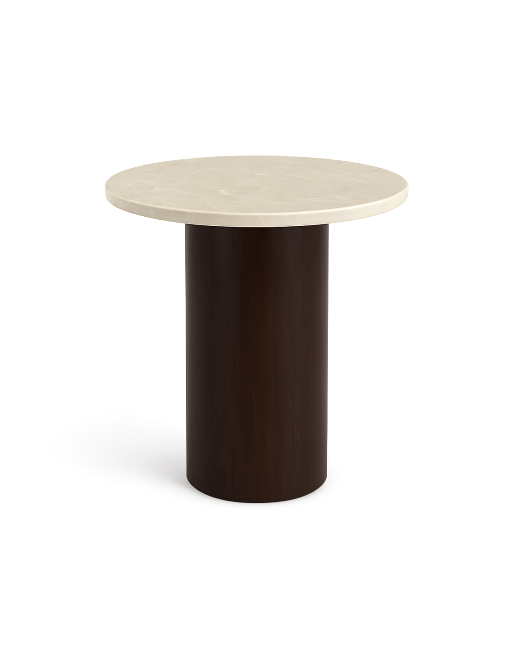 Luna Side Table with round Botticino marble top and thick cylindrical walnut wood base, shown on transparent background with soft shadows