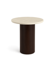 Luna Side Table with round Botticino marble top and thick cylindrical walnut wood base, shown on transparent background with soft shadows