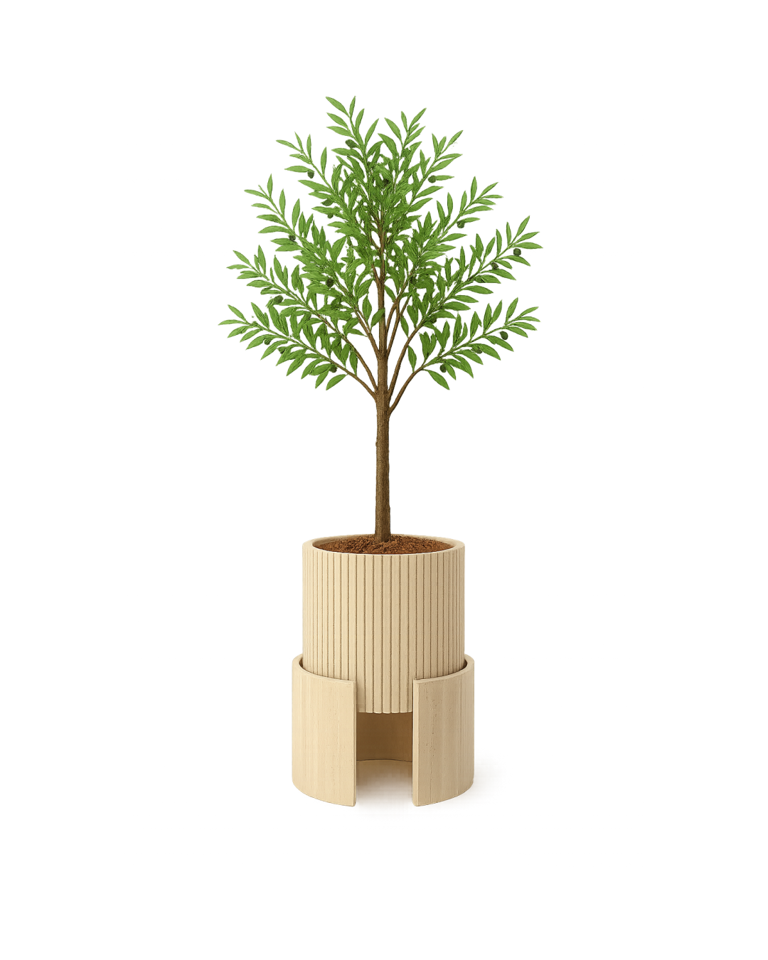 Front-facing view of Luxuria Planter featuring fluted top and split travertine base on transparent background