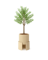 Front-facing view of Luxuria Planter featuring fluted top and split travertine base on transparent background