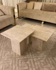 Main view of the Marea Coffee Table Set showing three square travertine tables in staggered heights