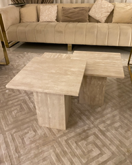Angled view of Marea Coffee Table Set showing the boxed bases and clean edge profiles