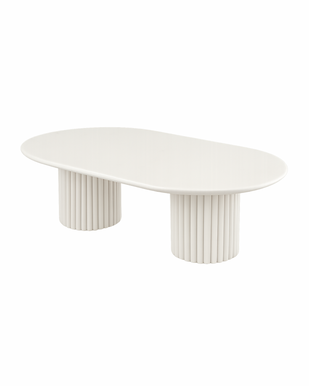 Nova Coffee Table with oval Polaris marble top and two fluted cylindrical marble bases on transparent background with soft shadows