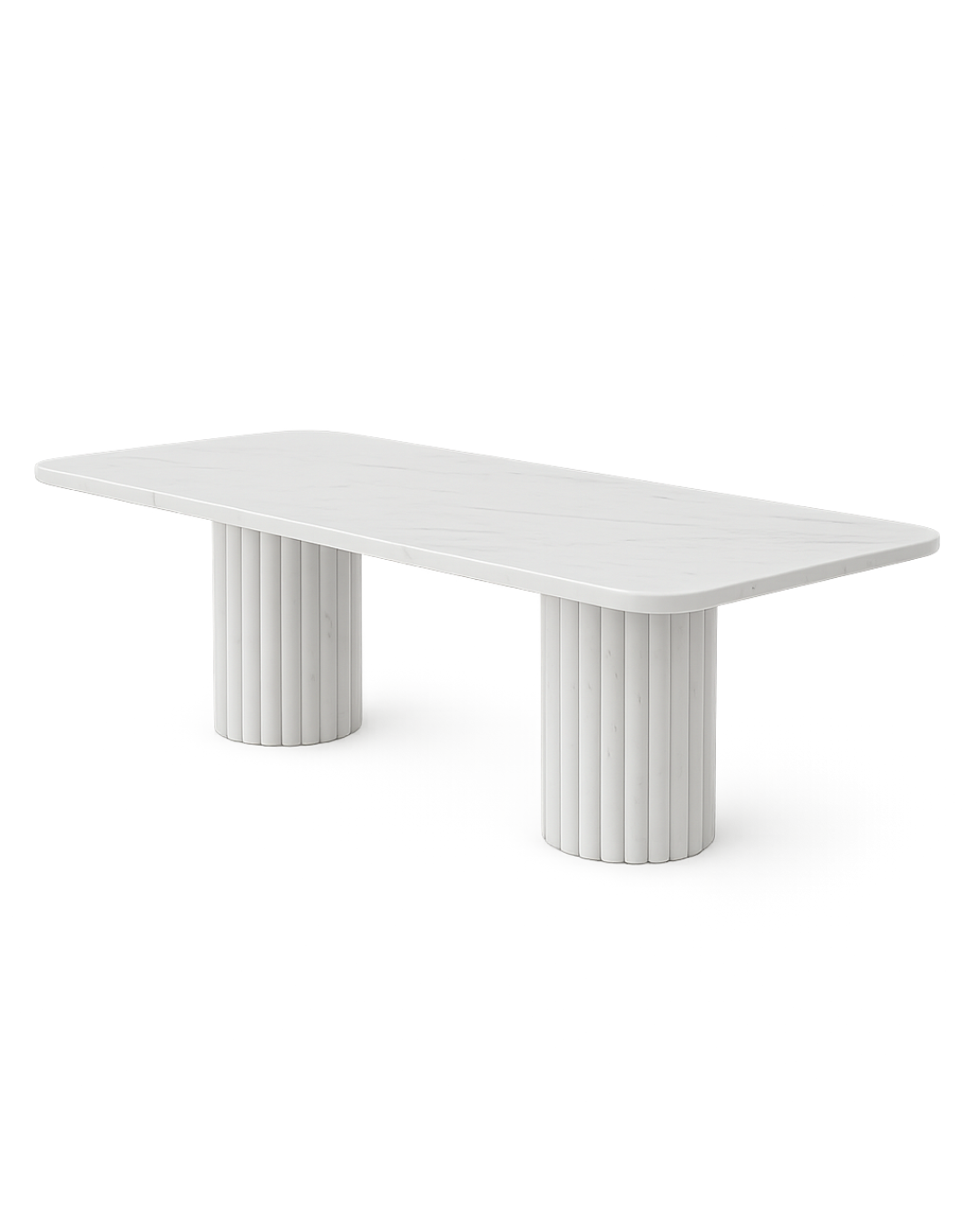 Nova Dining Table with rectangular Polaris marble top and double fluted cylindrical bases on transparent background with soft shadows
