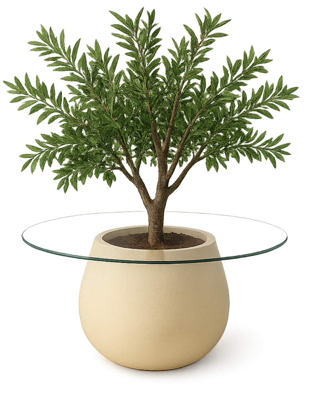 Oliva Planter featuring a textured off-white planter, clear glass top, and mature olive tree, isolated on transparent background