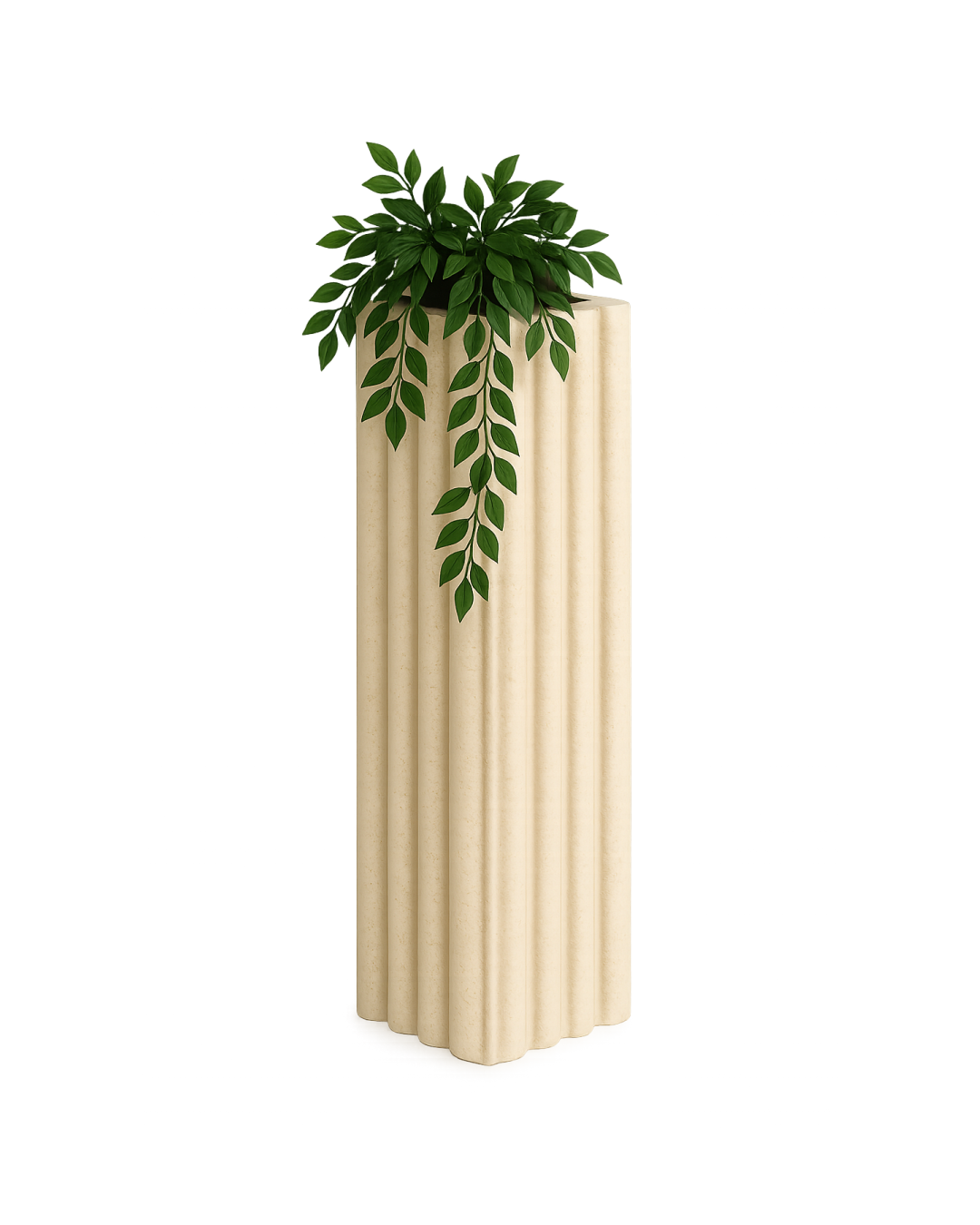 Hero image showing Orma Planter with square fluted stone body and integrated cascading plant