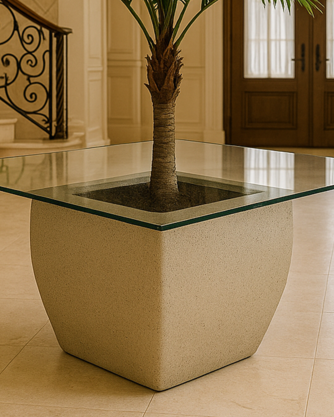 Close-up view of planter texture and glass mounting