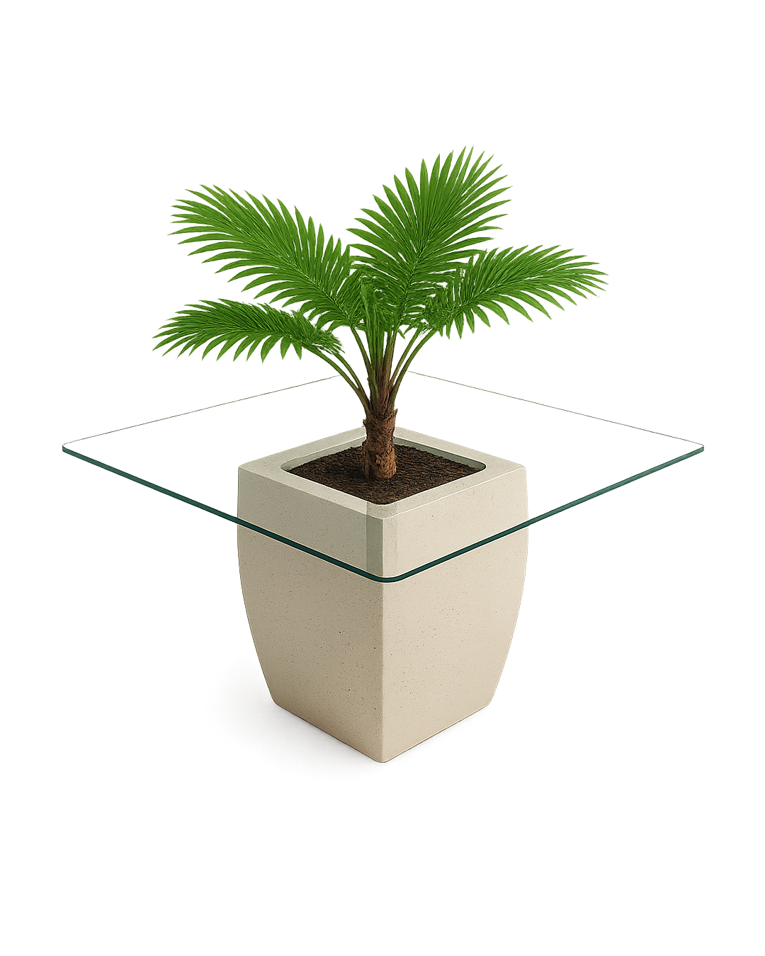 Hero image of Palma Planter featuring a faceted off-white base, clear glass top, and tropical palm, isolated on transparent background