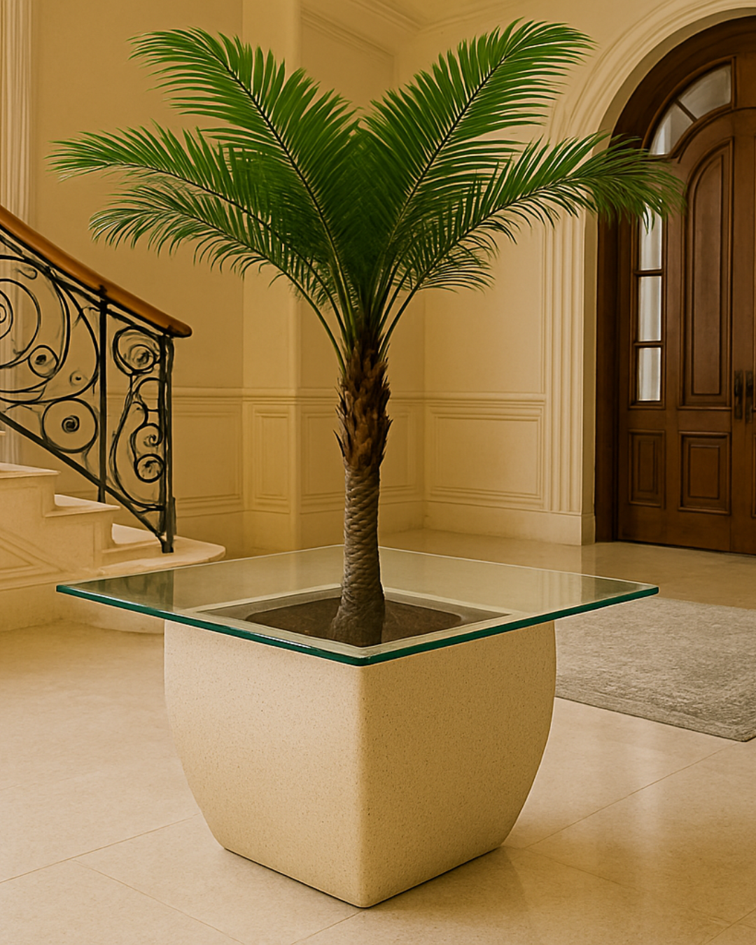 Top-down view of the glass top and central tree opening