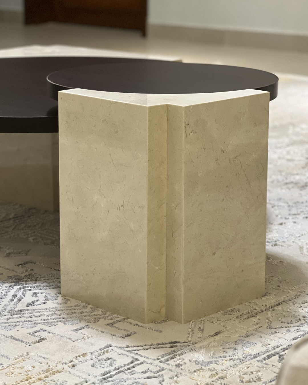 Close-up view of the notched marble base with clean edges and polished finish