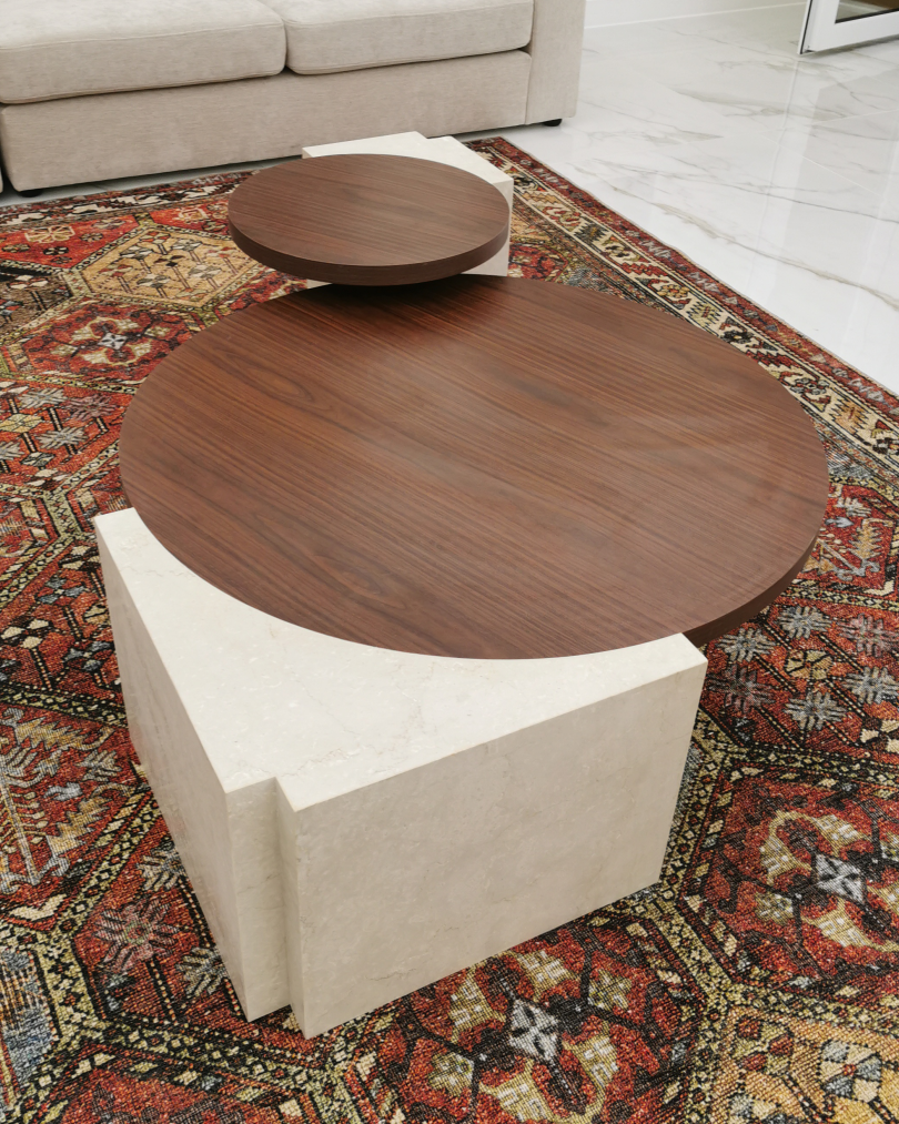 Petra Coffee Table Set featuring Botticino marble base and walnut melamine wood top in nested configuration