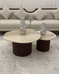 Raqia Coffee Table set featuring two marble-topped tables with fluted brown bases