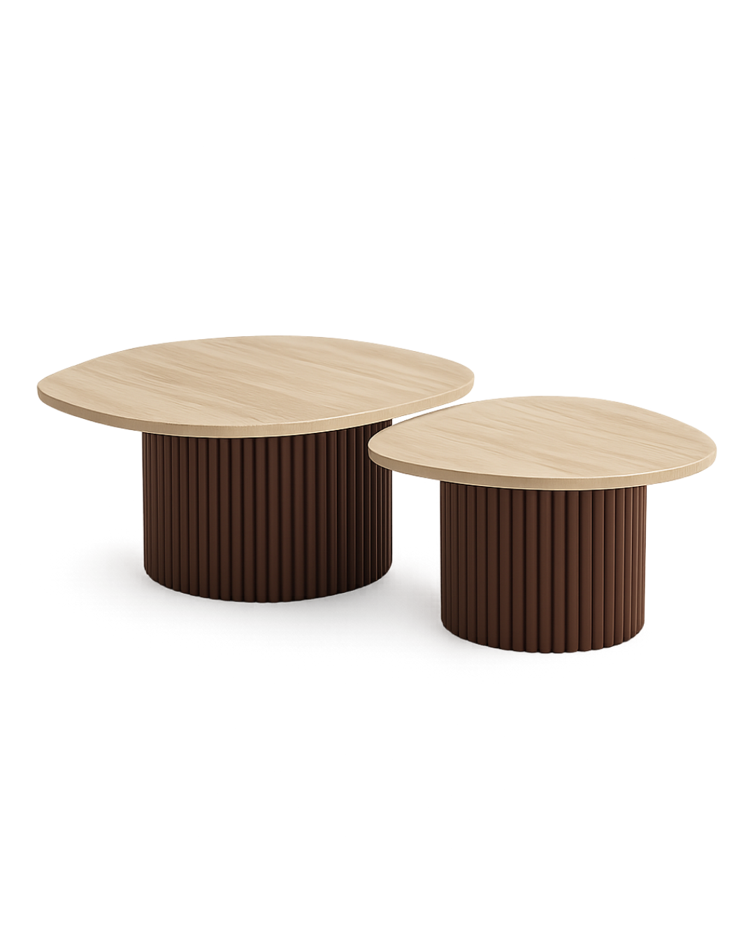 Raqia Coffee Table set with irregular circular Royal Dino marble tops and fluted wood bases in chocolate brown finish on transparent background with soft shadows