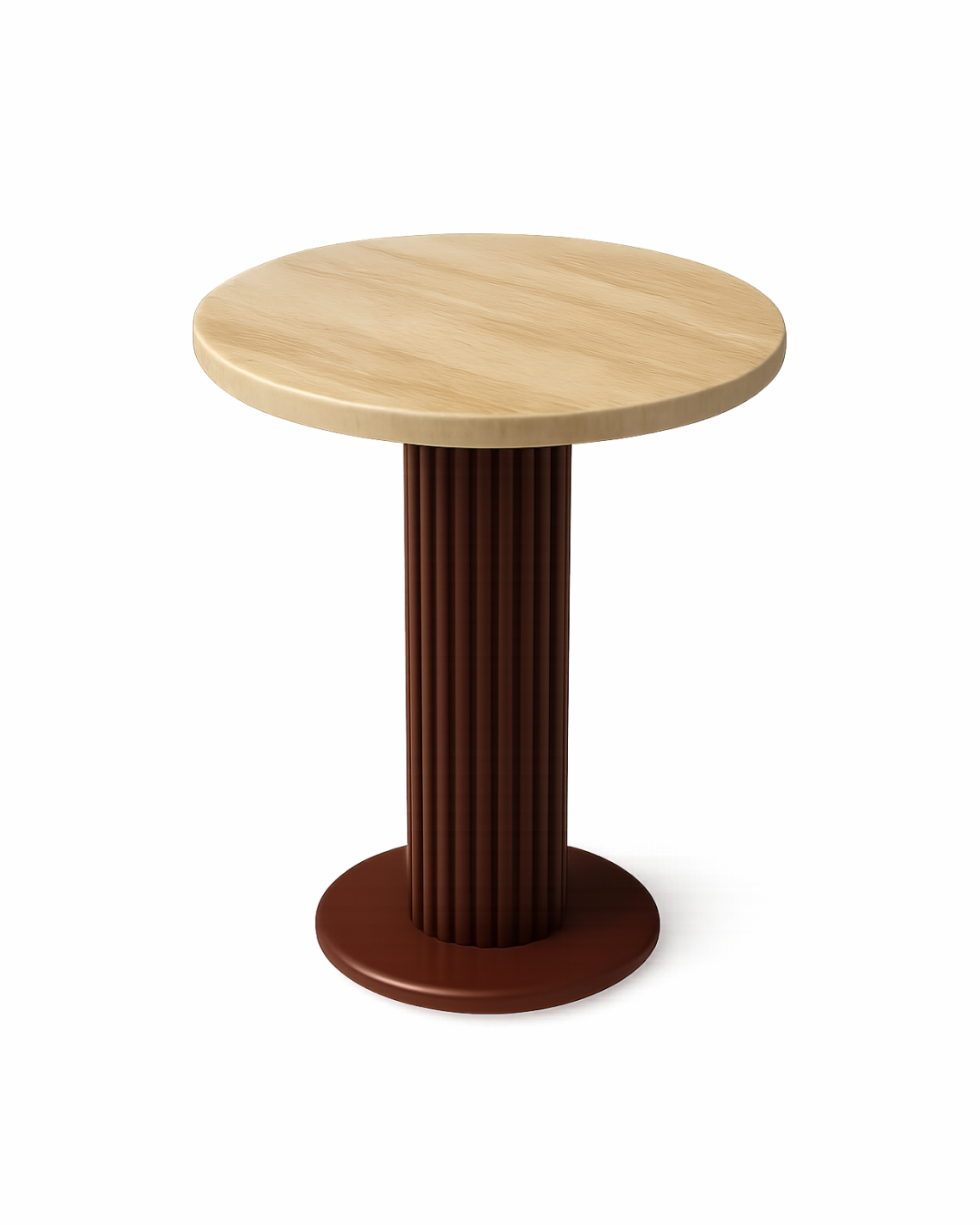 Raqia Serving Table with perfectly round Royal Dino marble top and fluted cylindrical wood base in chocolate brown finish on transparent background with soft shadows