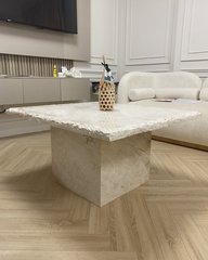 Detail of the polished square base in matching Royal Dino marble