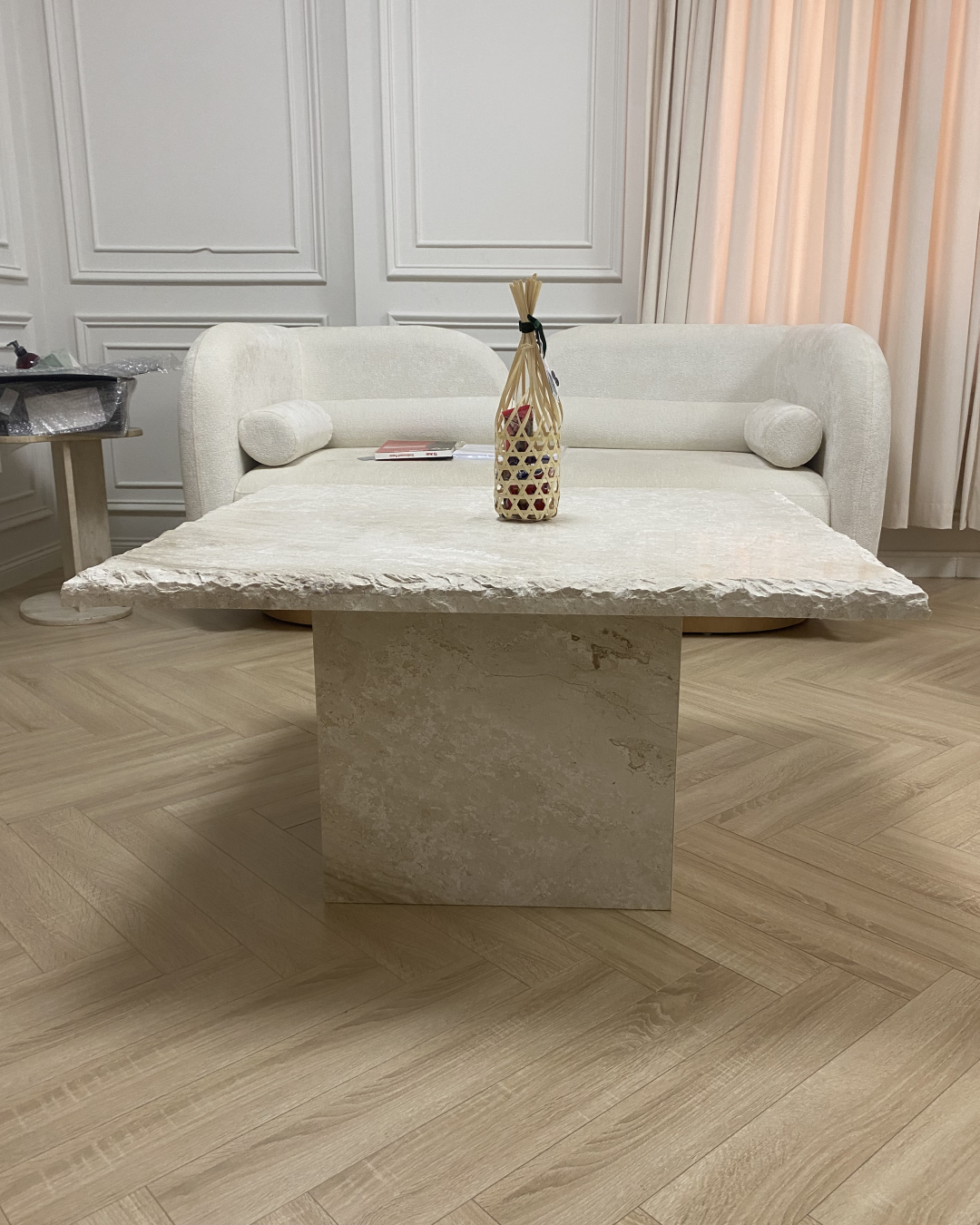 Side perspective showcasing natural chipped edge detail and marble veining