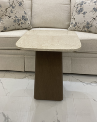 Front view showing square marble top and tapered veneer base