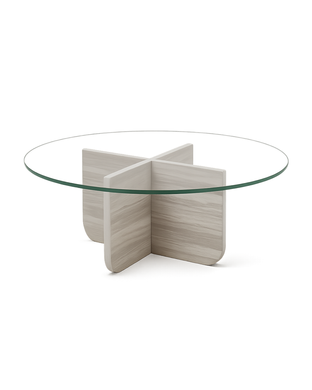 Safa Coffee Table with polished circular glass top and intersecting marble block-style base on transparent background with soft shadows
