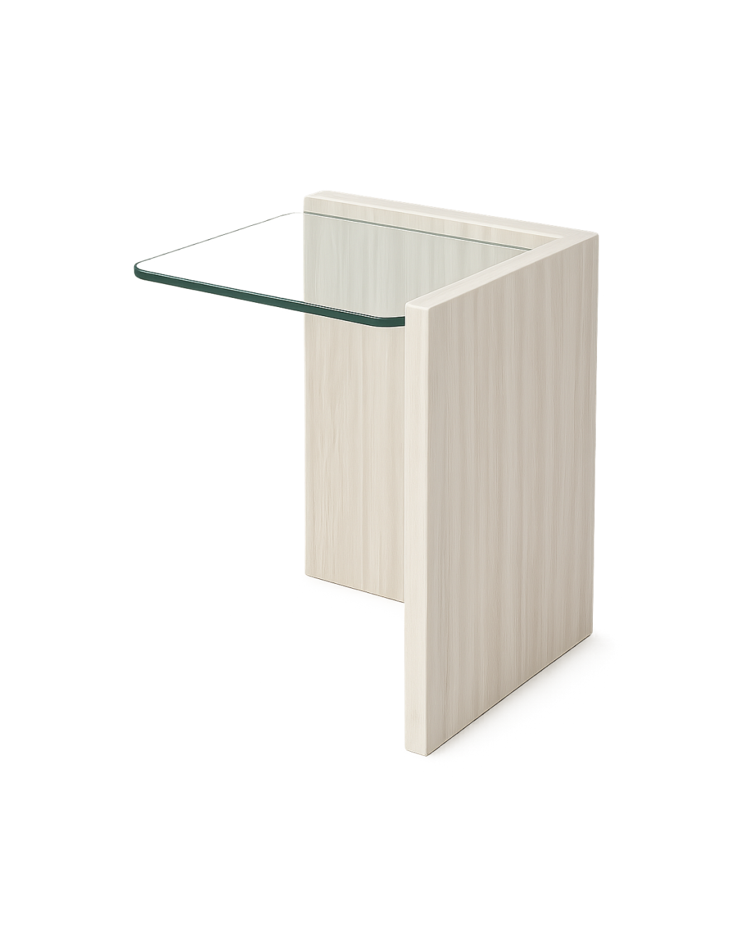 Safa Side Table with square clear glass top and intersecting L-shaped White Wood marble base on transparent background with soft shadows