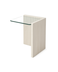 Safa Side Table with square clear glass top and intersecting L-shaped White Wood marble base on transparent background with soft shadows