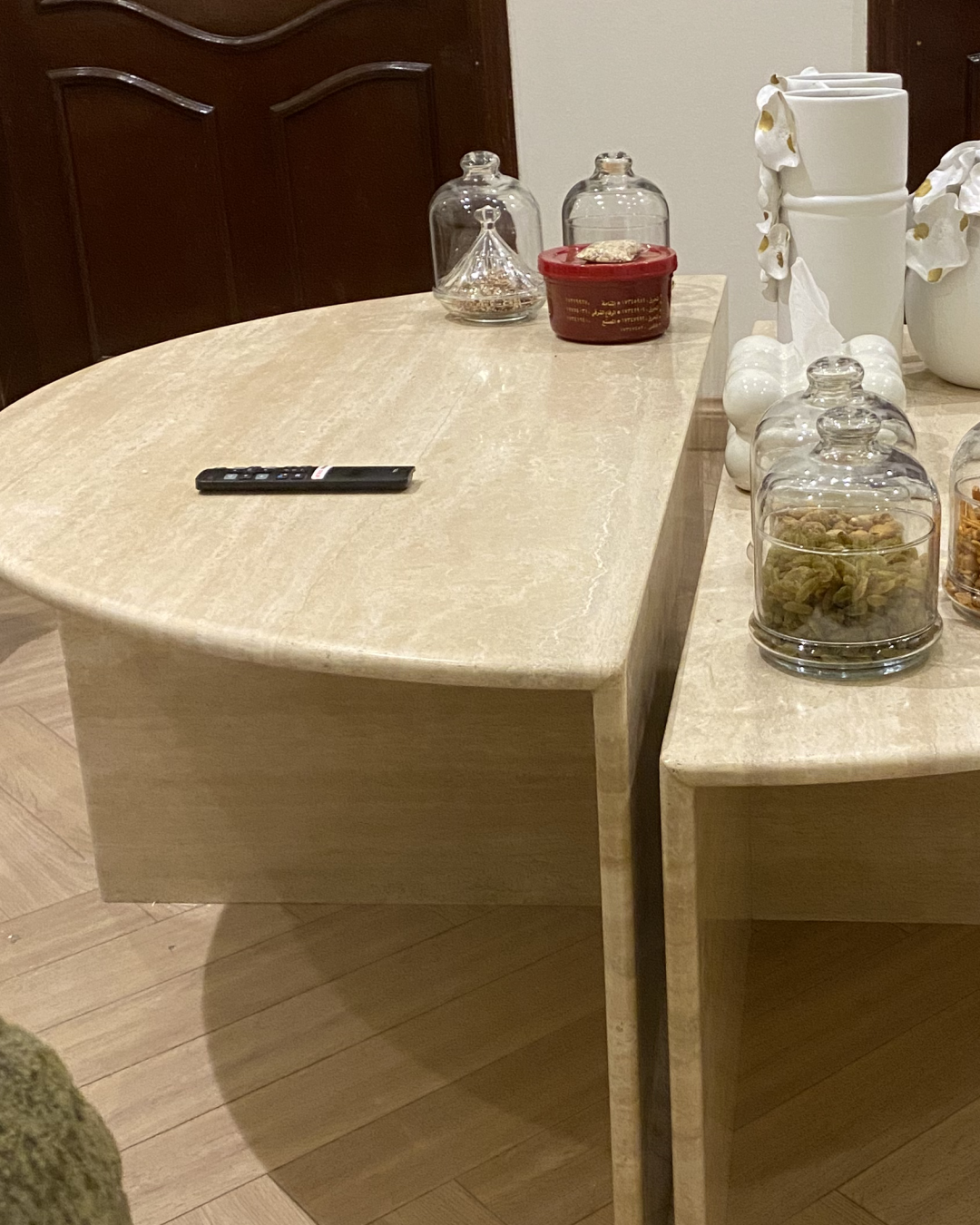 Detail of beige travertine texture and honed finish