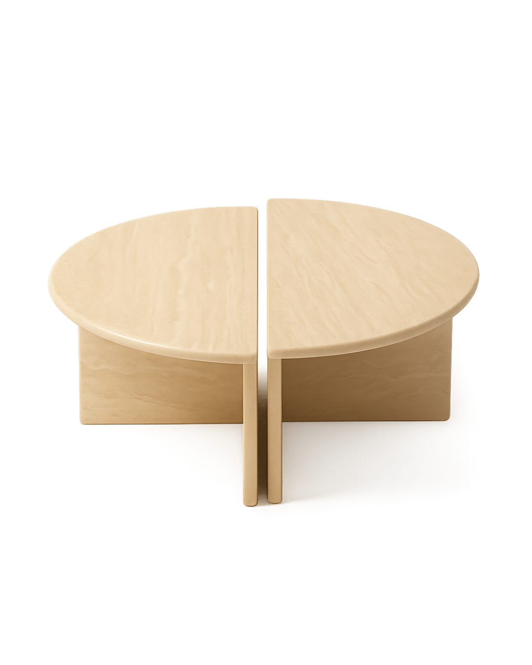 Savora Coffee Table set with no background, showing two modular travertine halves forming a full circular top with soft shadows beneath