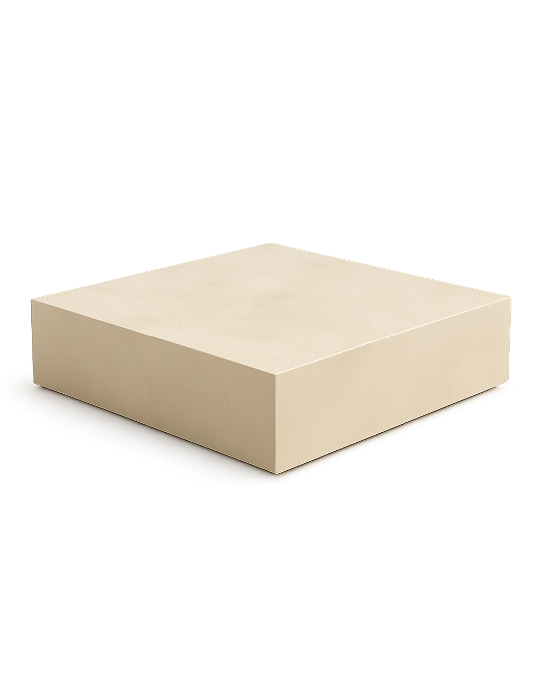 A square block-style coffee table made from Crema Marfil marble with a smooth polished finish, rendered on a transparent background