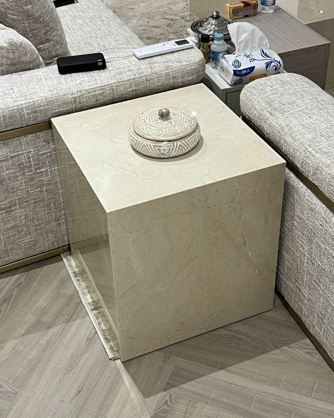 Solano Side Table shown alongside the modern sofa