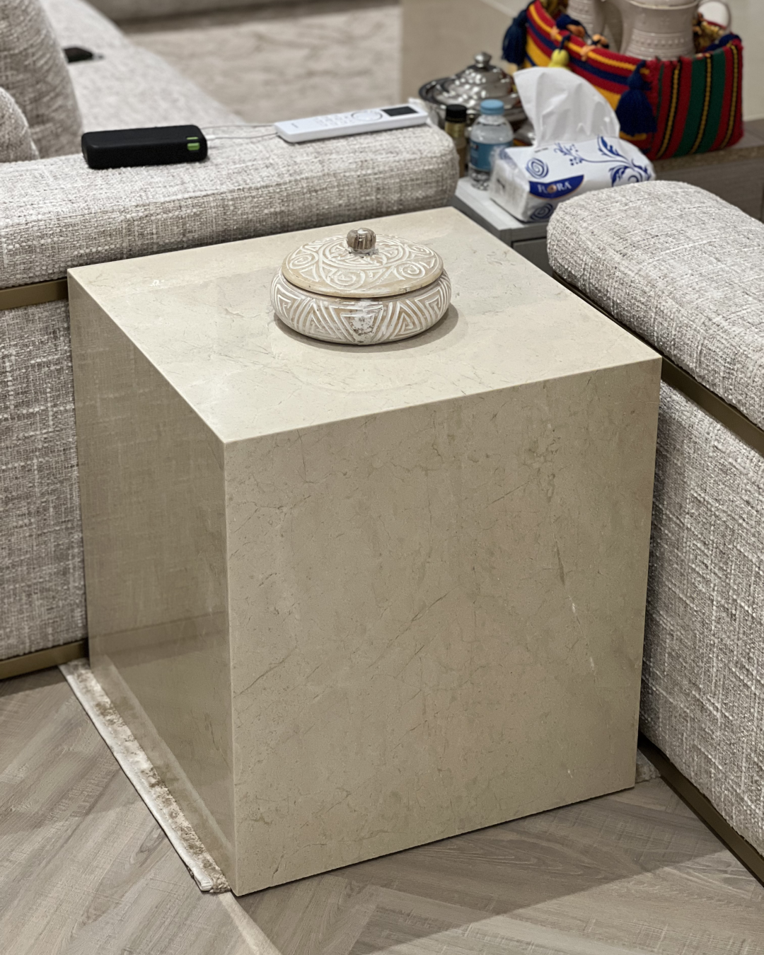 Full view of Solano Side Table with Crema Marfil marble finish